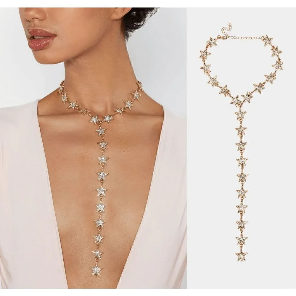 ⭐ Star Drop Spangled Rhinestone Y Lariat Long Necklace NEW